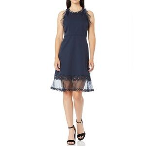 3 x $99 Elie Tahari navy sheath embroidered sheer dress  midi size 4